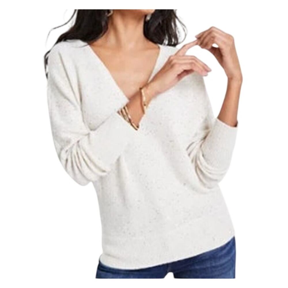 INC International Concepts Women's Sequin-Shine V-Neck Sweater in Washed White